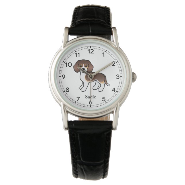 Chocolate Tricolor Beagle Cute Dog & Custom Name Watch (Front)