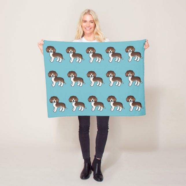 Chocolate Tricolor Beagle Dogs Pattern On Blue Fleece Blanket (In Situ)