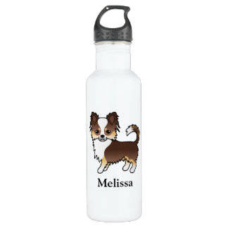 Chocolate Tricolor Long Coat Chihuahua Dog &amp; Name Stainless Steel Water Bottle