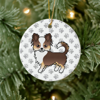 Chocolate Tricolor Long Coat Chihuahua Dog &amp; Paws Ceramic Ornament