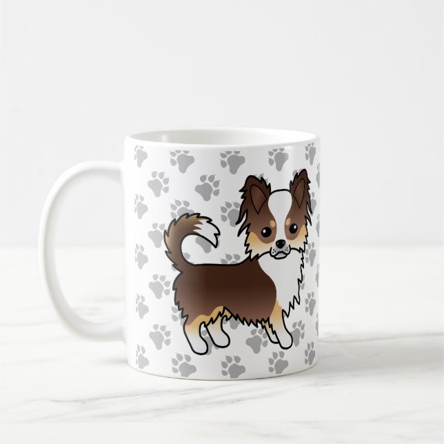 Chocolate Tricolor Long Coat Chihuahua Dog & Paws Coffee Mug (Left)