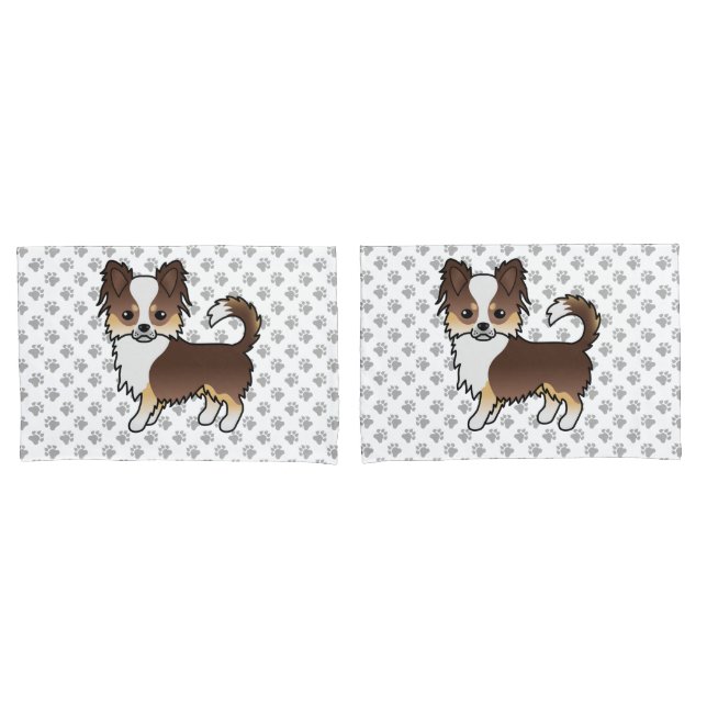 Chocolate Tricolor Long Coat Chihuahua Dog & Paws Pillow Case (Front-Set)