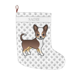Chocolate Tricolor Smooth Coat Chihuahua &amp; Name Large Christmas Stocking