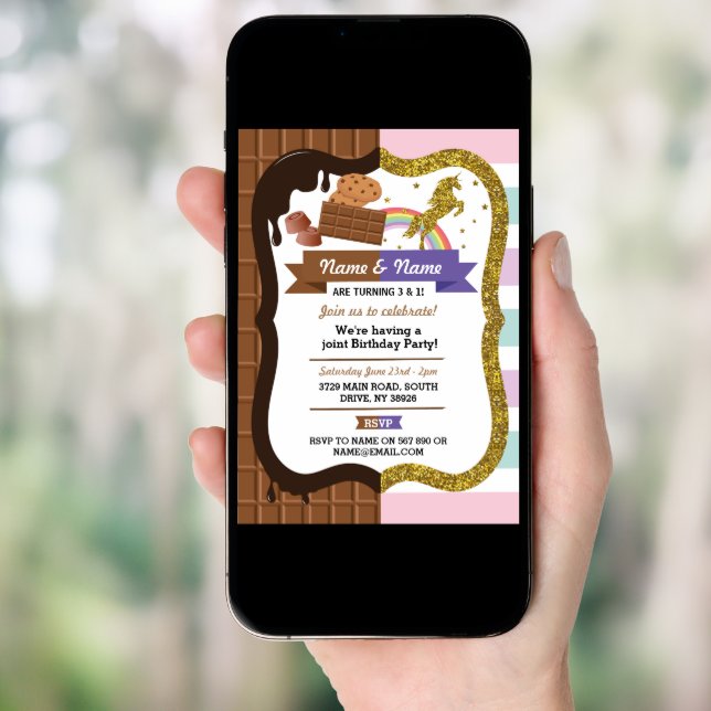 Chocolate & Unicorn ANY AGE birthday Joint Party Invitation (Front Digital)