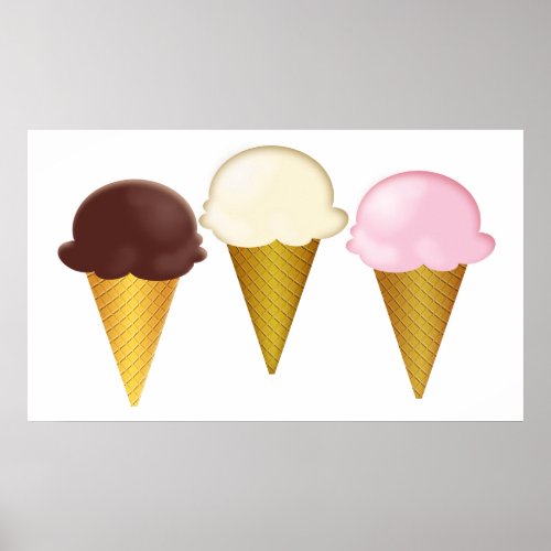 Chocolate Vanilla  Strawberry Ice Cream Cones Poster
