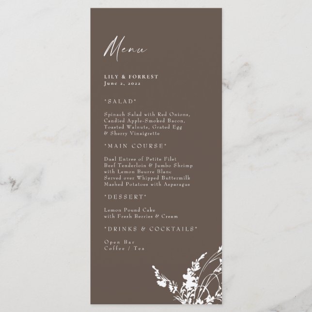 Chocolate Wedding Modern White Floral  Menu (Front)