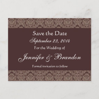 Chocolate & White Damask Save Date Postcard
