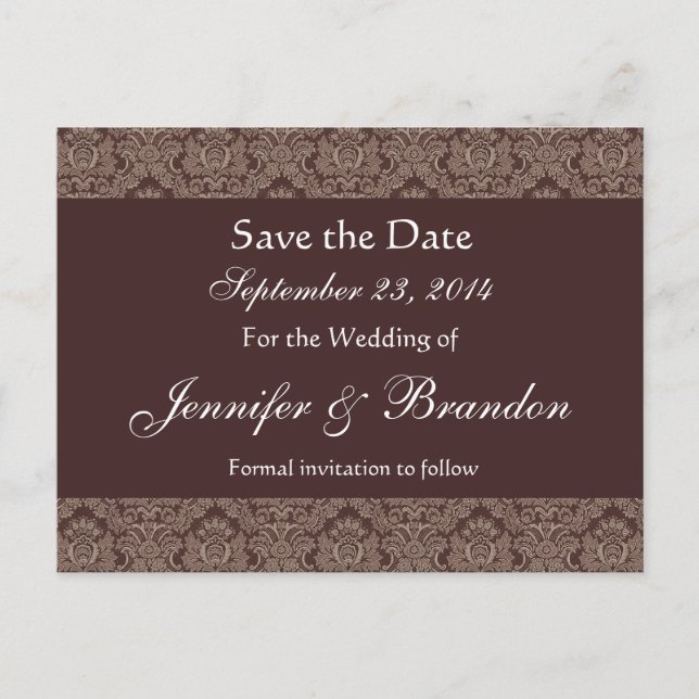 Chocolate & White Damask Save Date Postcard (Front)