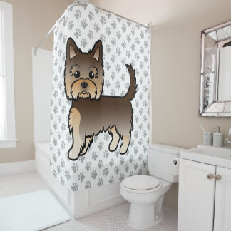 Chocolate Yorkshire Terrier Cartoon Dog &amp; Paws Shower Curtain