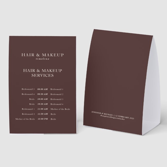 ChocolateWedding Hair Makeup Timeline Bridal Party Paper Table Tent