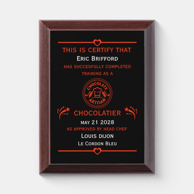 Chocolatier Maker Award Plaque (Vertical)