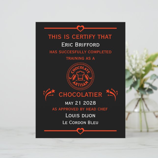 Chocolatier Maker Certificate (Standing Front)