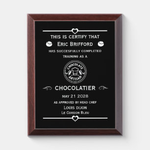 Chocolatier Maker Certificate Award Plaque