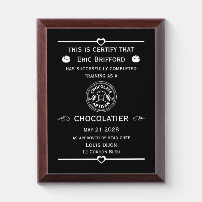 Chocolatier Maker Certificate Award Plaque (Vertical)