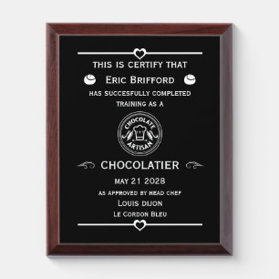 Chocolatier Maker Certificate Award Plaque