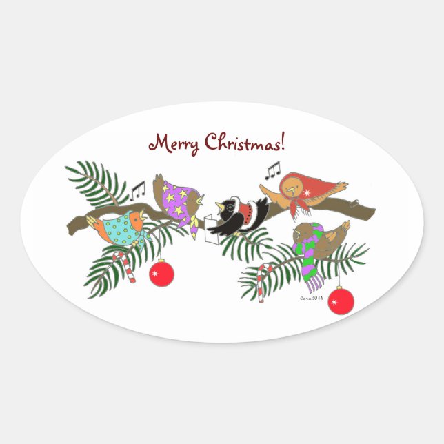 Choir of Christmas Birdies Ukrainian Folk Art Oval Sticker (Front)