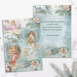 Choir of Vintage Christmas Winter Angels Collage Holiday Card<br><div class="desc">Charming collage of beautiful Victorian angels,  snow-covered pine,  roses,  holly,  Christmas music,  typography,  evergreens and rustic rural landscapes bordered with delicate white filigree on light sky blue background.</div>