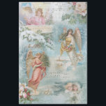 Choir of Vintage Christmas Winter Angels Decoupage Tissue Paper<br><div class="desc">Charming collage of beautiful Victorian angels,  snow-covered pine,  roses,  holly,  Christmas music,  typography,  evergreens and rustic rural landscapes bordered with delicate white filigree on light sky blue background.</div>