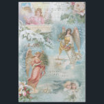 Choir of Vintage Christmas Winter Angels Decoupage Tissue Paper<br><div class="desc">Charming collage of beautiful Victorian angels,  snow-covered pine,  roses,  holly,  Christmas music,  typography,  evergreens and rustic rural landscapes bordered with delicate white filigree on light sky blue background.</div>