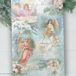 Choir of Vintage Christmas Winter Angels Decoupage Tissue Paper<br><div class="desc">Charming collage of beautiful Victorian angels,  snow-covered pine,  roses,  holly,  Christmas music,  typography,  evergreens and rustic rural landscapes bordered with delicate white filigree on light sky blue background.</div>
