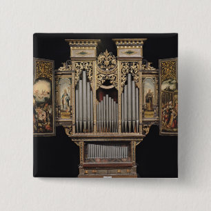 Choir organ with open panels pinback button