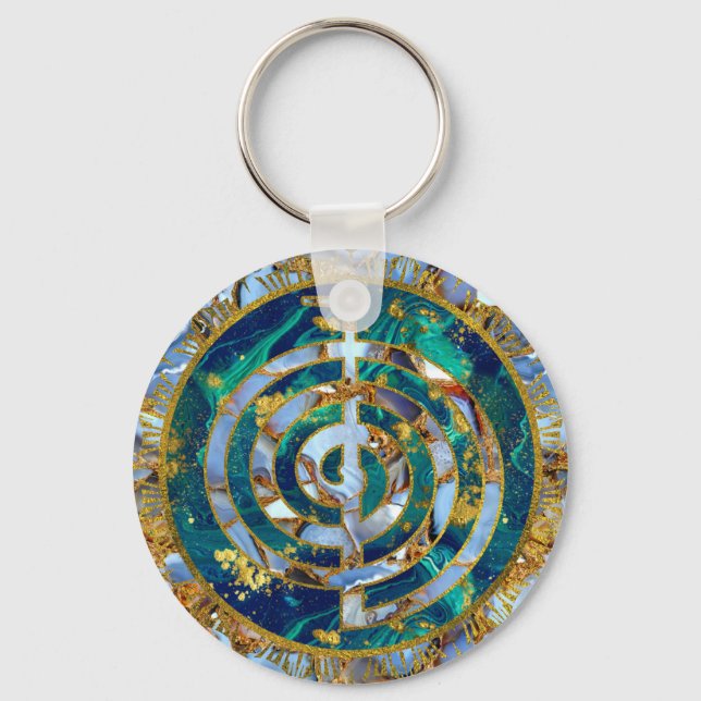 Choku Rei Symbol in Mandala on Marble and Gold Keychain (Front)