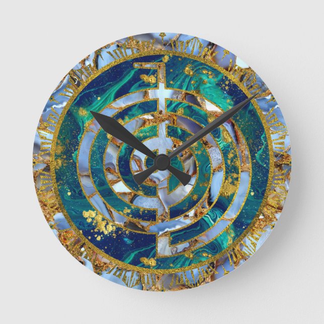 Choku Rei Symbol in Mandala on Marble and Gold Round Clock (Front)