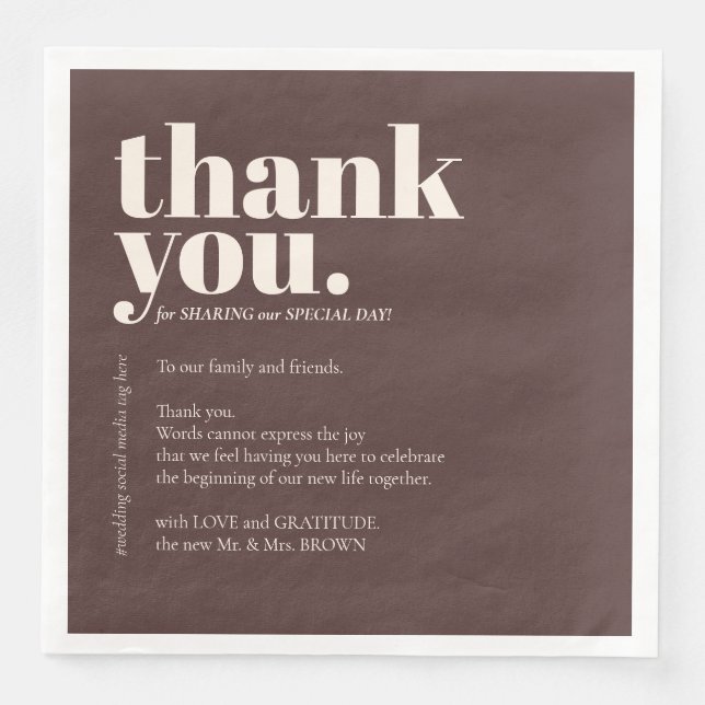 Cholate Brown Thank Minimalist Decor Wedding Paper Dinner Napkins (Front)