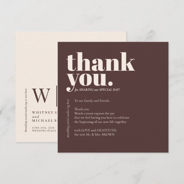 Cholate Brown Thank YOU Minimalist Decor Wedding Card