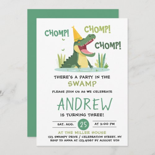 Chomp Chomp Party in the Swamp Alligator Birthday Invitation