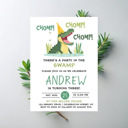 Chomp Chomp Party in the Swamp Alligator Birthday Invitation