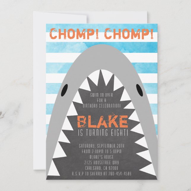 Chomp Chomp Shark Theme Birthday Boy striped Jaws Invitation (Front)