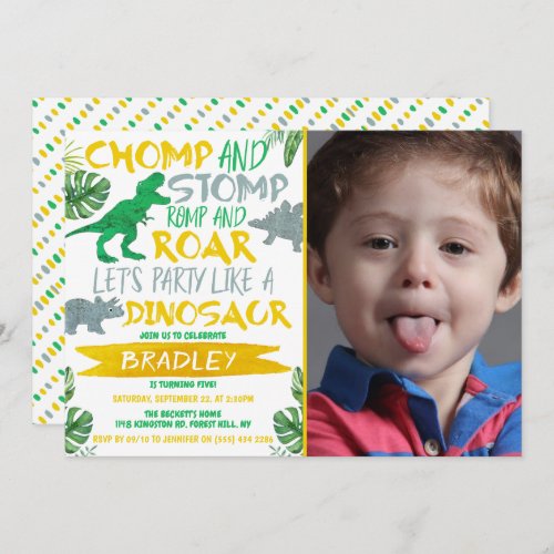 Chomp  Stomp Dinosaur Any Age Birthday Photo Invitation