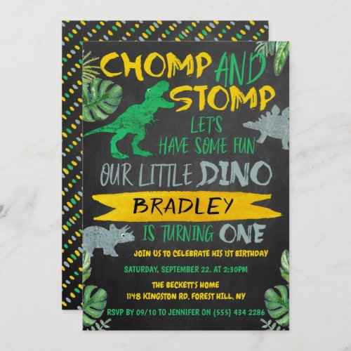 Chomp  Stomp Dinosaur Boys 1st Birthday Invitation
