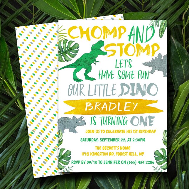 Chomp & Stomp! Dinosaur Boys 1st Birthday Invitation (Creator Uploaded)