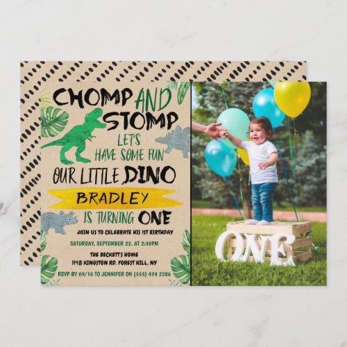 Chomp  Stomp Dinosaur Boys 1st Birthday Photo Invitation