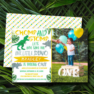 Chomp & Stomp! Dinosaur Boys 1st Birthday Photo Invitation