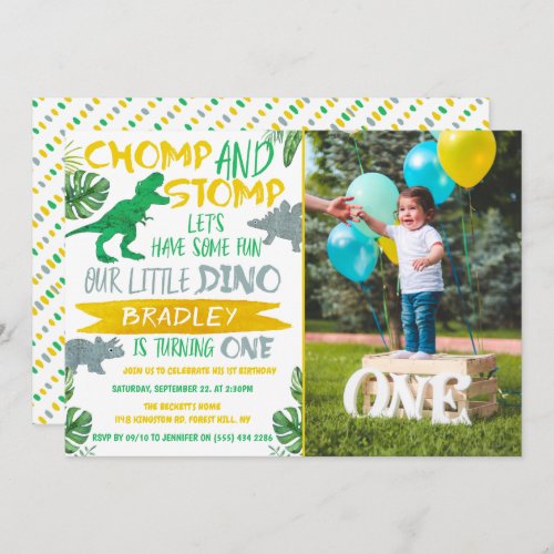 Chomp  Stomp Dinosaur Boys 1st Birthday Photo Invitation