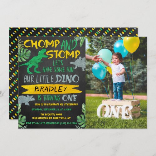 Chomp  Stomp Dinosaur Boys 1st Birthday Photo Invitation