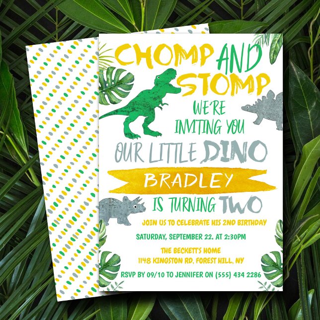 Chomp & Stomp! Dinosaur Boys 2nd Birthday Invitation (Creator Uploaded)