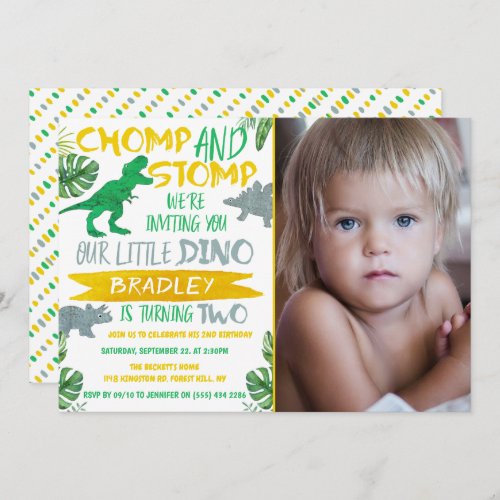 Chomp  Stomp Dinosaur Boys 2nd Birthday Photo Invitation