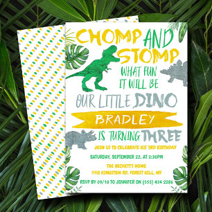Chomp & Stomp! Dinosaur Boys 3rd Birthday Invitation
