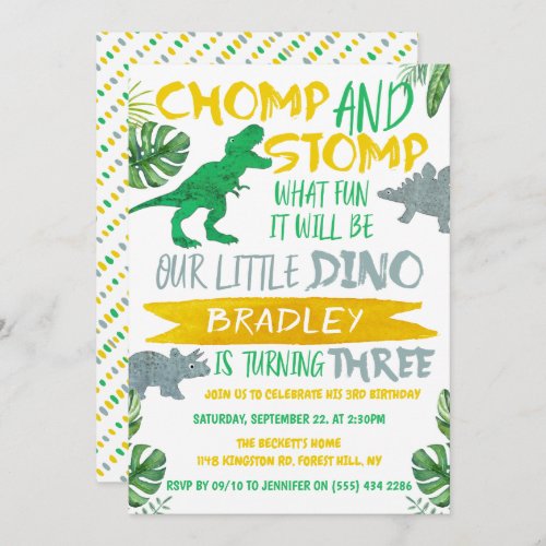 Chomp  Stomp Dinosaur Boys 3rd Birthday Invitation