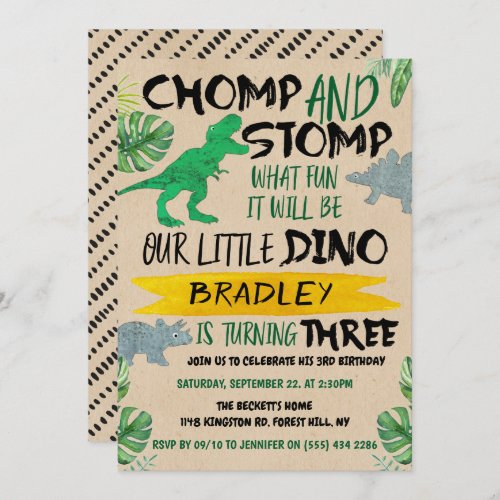 Chomp  Stomp Dinosaur Boys 3rd Birthday Invitation