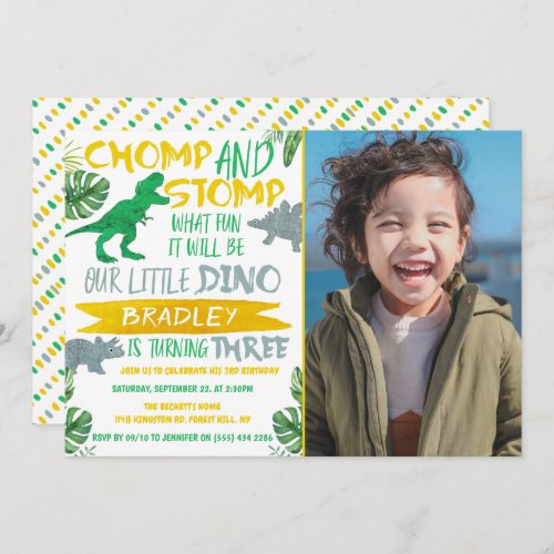 Chomp  Stomp Dinosaur Boys 3rd Birthday Photo Invitation