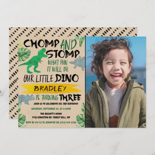 Chomp  Stomp Dinosaur Boys 3rd Birthday Photo Invitation
