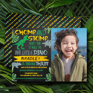 Chomp & Stomp! Dinosaur Boys 3rd Birthday Photo Invitation