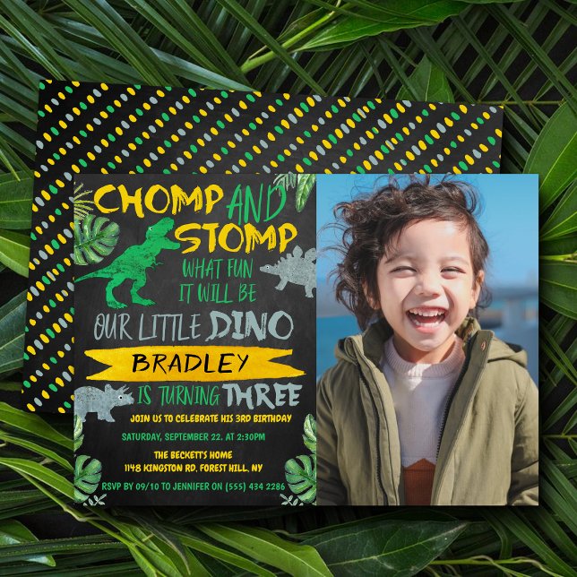 Chomp & Stomp! Dinosaur Boys 3rd Birthday Photo Invitation (Creator Uploaded)