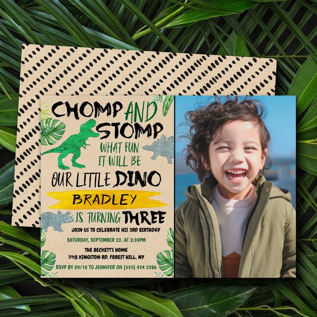 Chomp & Stomp! Dinosaur Boys 3rd Birthday Photo Invitation (Creator Uploaded)