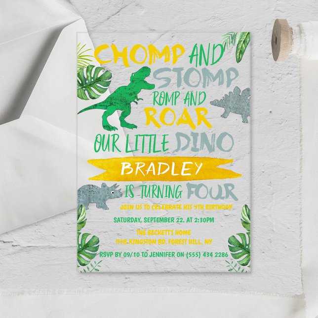 Chomp & Stomp! Dinosaur Boys 4th Birthday Acrylic Invitations (Creator Uploaded)